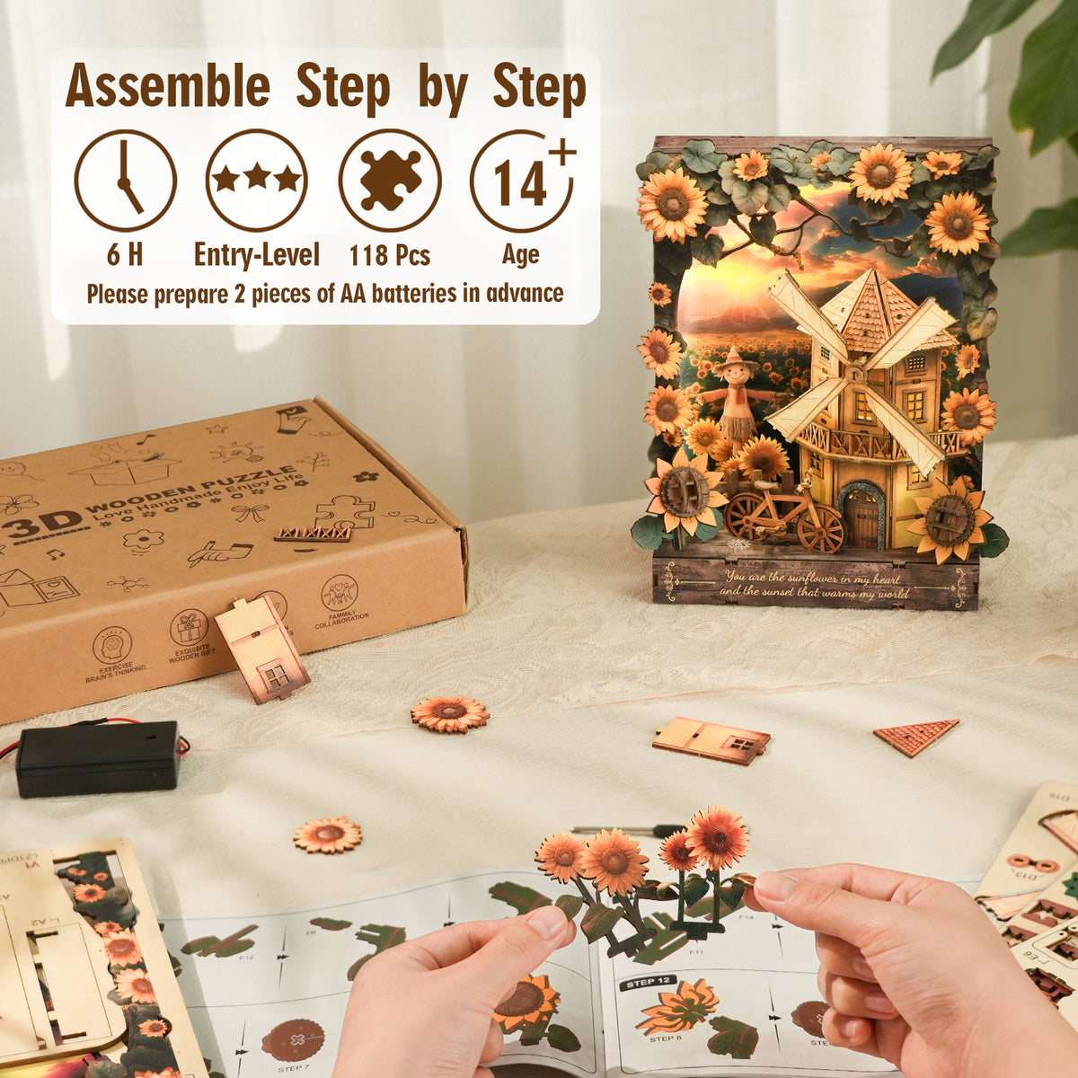 Sunset Sunflower 3D Wooden Puzzle Painting, DIY Wall Art Craft Kit with Light