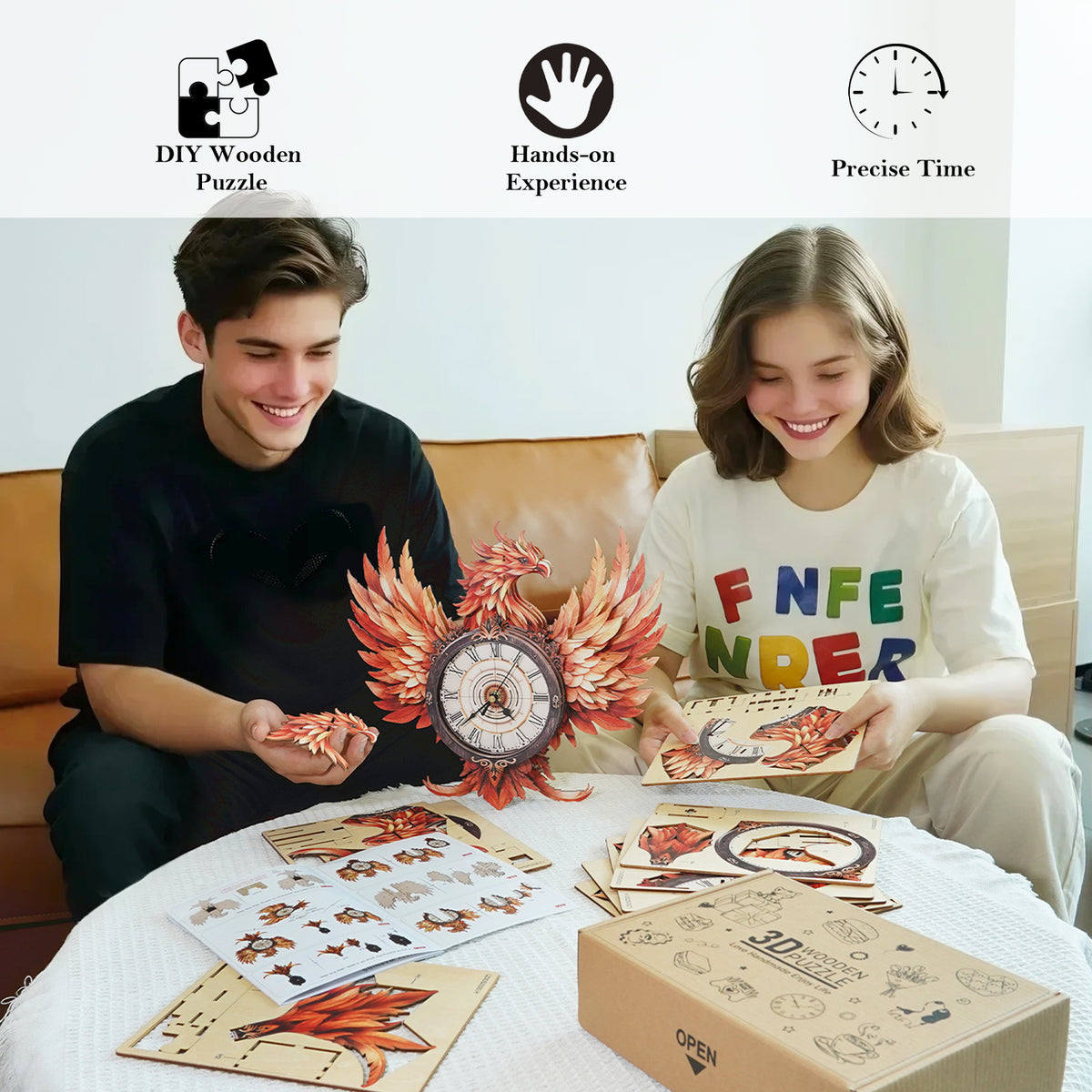 Fire Phoenix 3D Wooden Puzzle Clock, Gift  for DIY Lovers, Home Decor