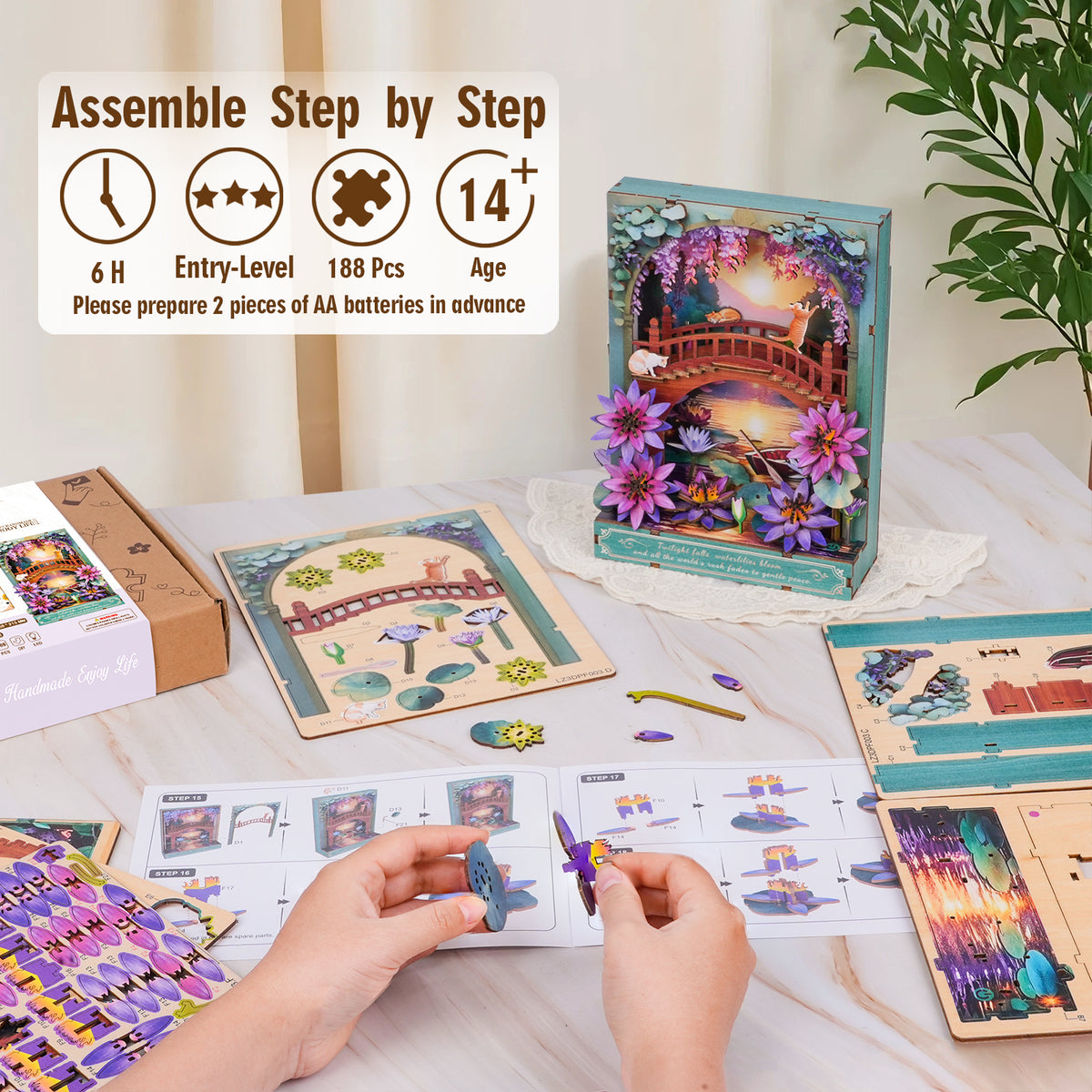 Twilight Waterlily 3D Wooden Puzzle Painting, DIY Wall Art Craft Kit with Light