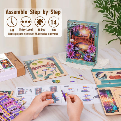 Twilight Waterlily 3D Wooden Puzzle Painting, DIY Wall Art Craft Kit with Light