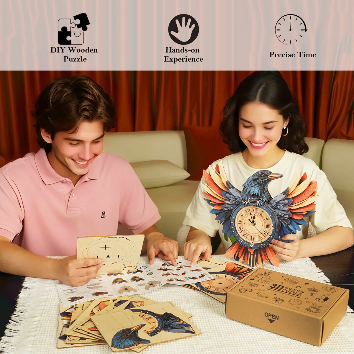 Raven DIY 3D Wooden Puzzle Clock, Gift  for DIY Lovers, Home Decor