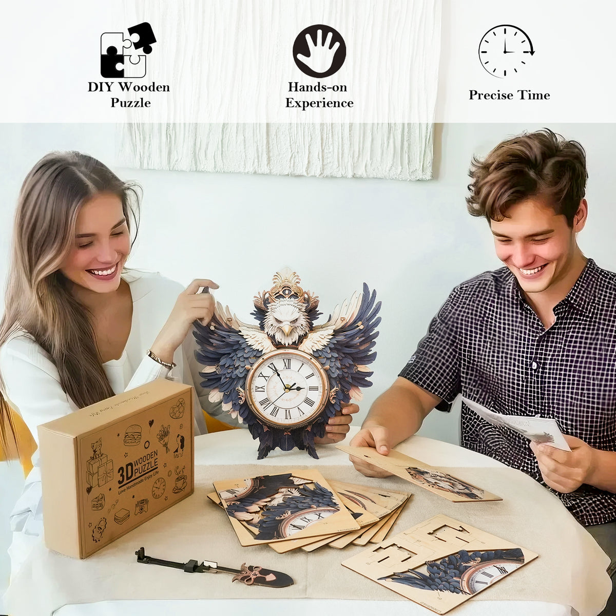 Majestic Eagle 3D Wooden Puzzle Clock, Gift  for DIY Lovers, Home Decor