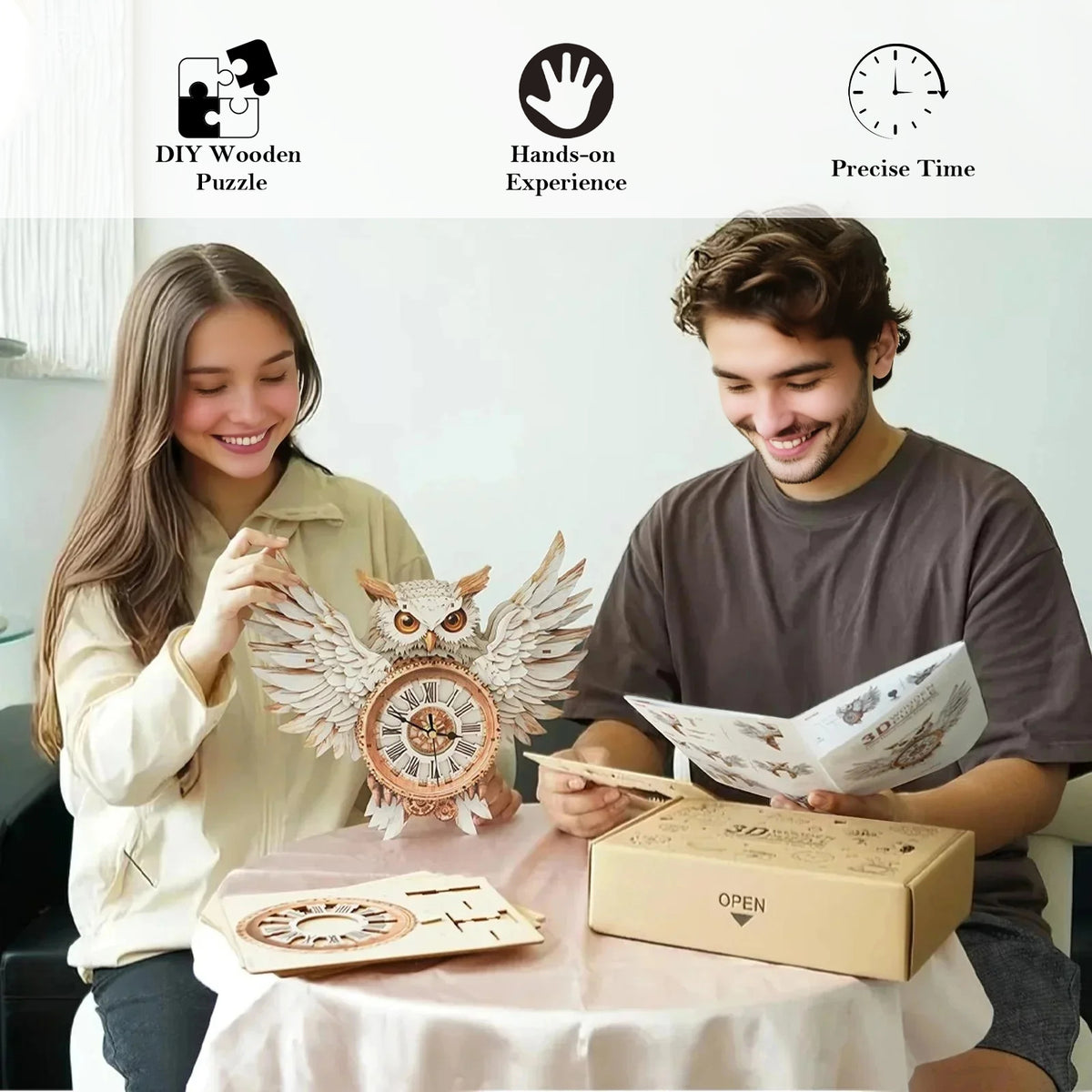 Snowy Owl 3D Wooden Puzzle Clock, Gift  for DIY Lovers, Home Decor