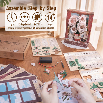 Crimson Whispers 3D Wooden Puzzle Painting, DIY Wall Art Craft Kit with Light