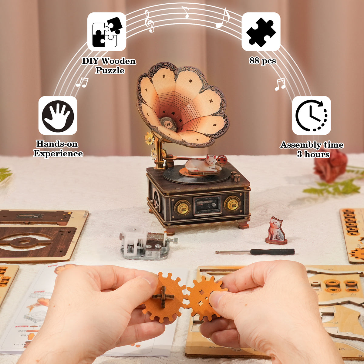 Bygone Days and the Cat Mechanical DlY Kit, 3D Wooden Music Box
