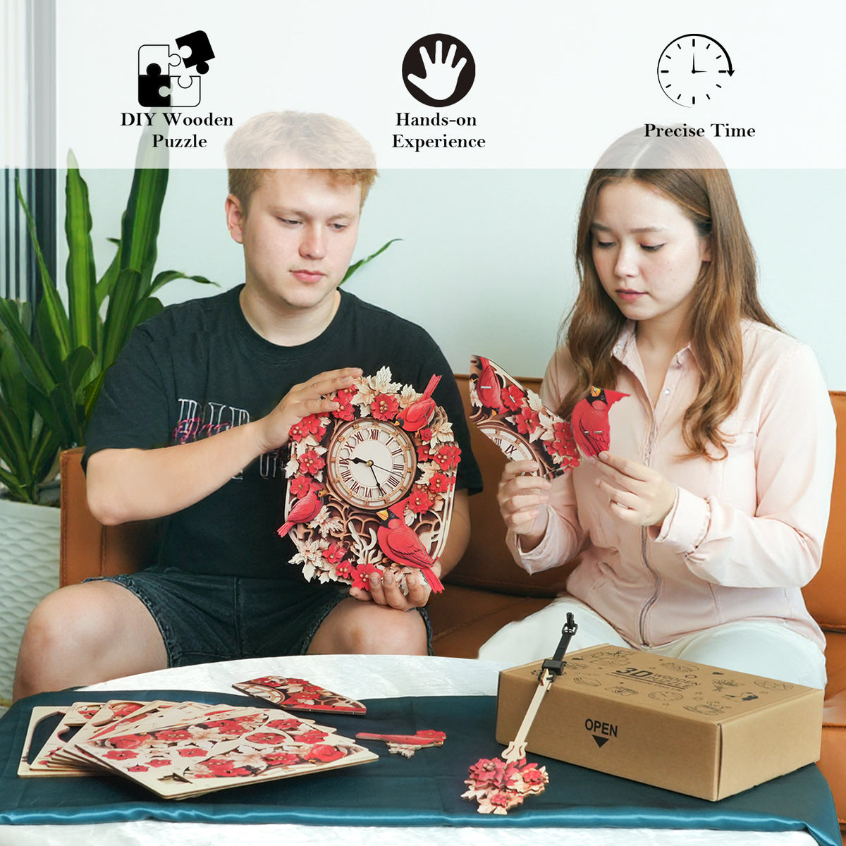 Cardinal Bird 3D Wooden Puzzle Clock, Gift  for DIY Lovers, Home Decor
