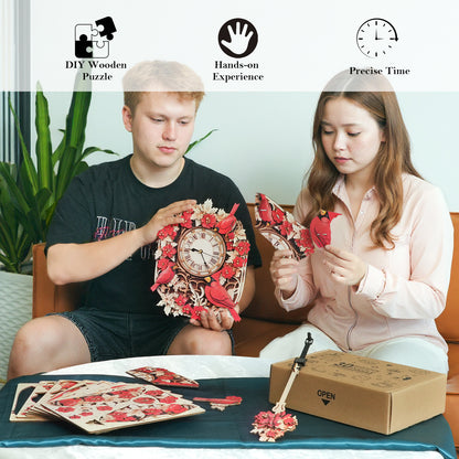 Cardinal Bird 3D Wooden Puzzle Clock, Gift  for DIY Lovers, Home Decor