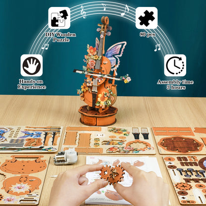 Floral Cello Mechanical DIY Kit, 3D Wooden Music Box