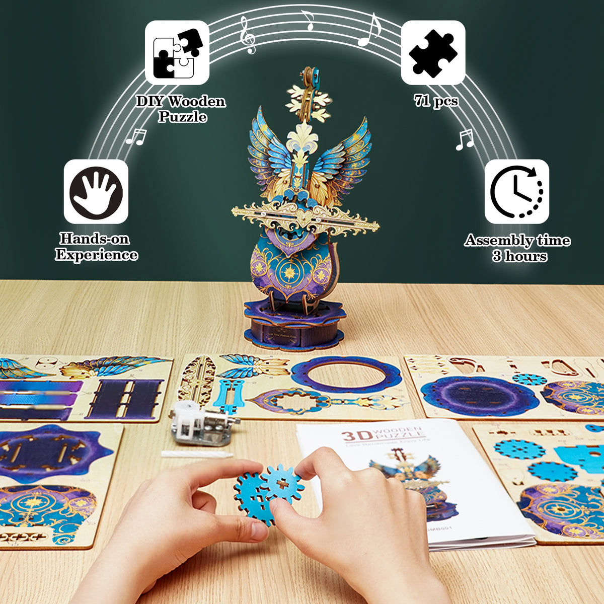Blue Feather Cello Mechanical DlY Kit, 3D Wooden Music Box