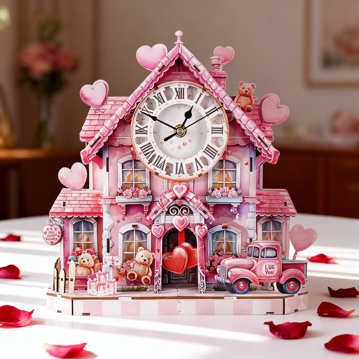 Sweet House 3D Wooden Puzzle Clock, Gift  for Valentine's Day, Home Decor