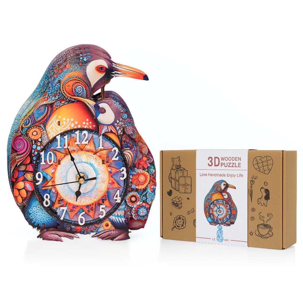 Penguin Family 3D Wooden Puzzle Clock, Gift  for DIY Lovers, Home Decor