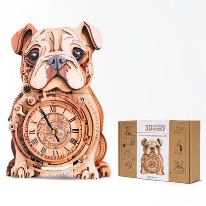 Bulldog 3D Wooden Puzzle Clock, Gift  for DIY Lovers, Home Decor