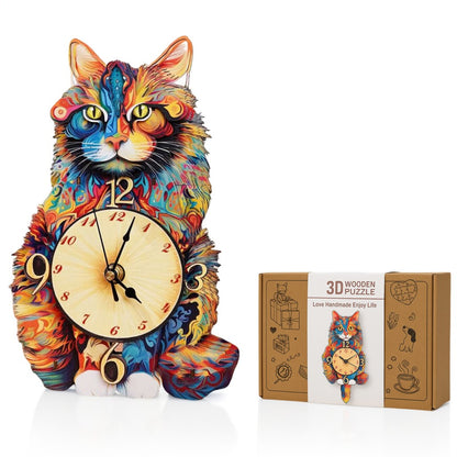 Maine Coon 3D Wooden Puzzle Clock, Gift  for DIY Lovers, Home Decor