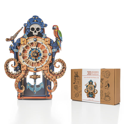 Skull Captain's Phantom Voyage 3D Wooden Puzzle Clock, Gift  for DIY Lovers, Home Decor