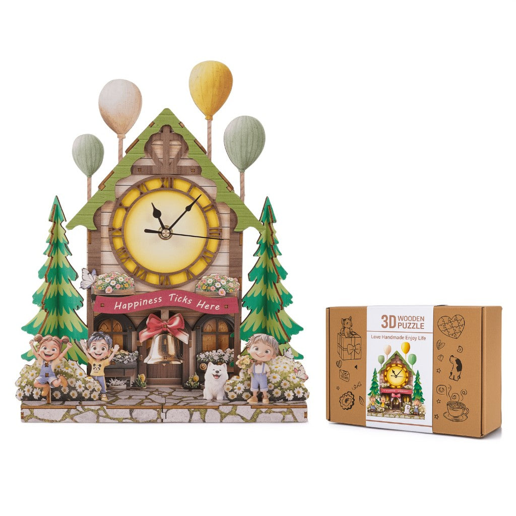 Balloon House 3D Wooden Puzzle Clock, Gift  for DIY Lovers, Home Decor