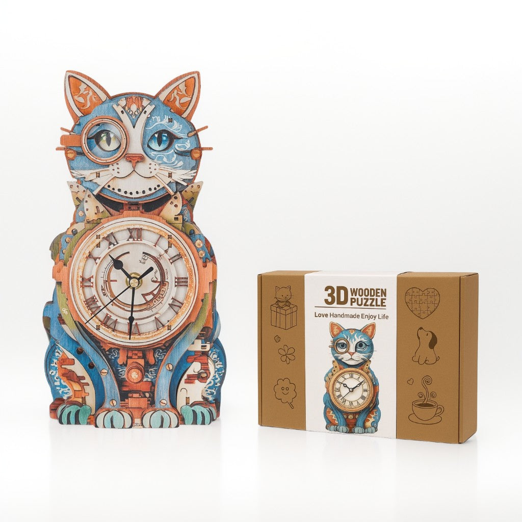 Cat Detective 3D Wooden Puzzle Clock, Gift  for DIY Lovers, Home Decor