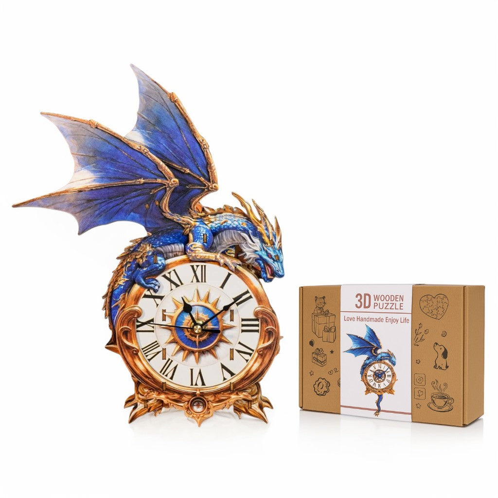 Blue Dragon 3D Wooden Puzzle Clock, Gift  for DIY Lovers, Home Decor