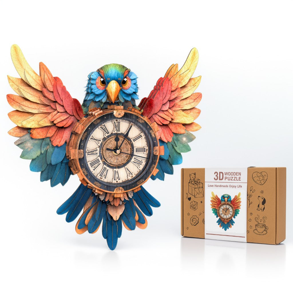 Colorful Parrot 3D Wooden Puzzle Clock, Gift  for DIY Lovers, Home Decor