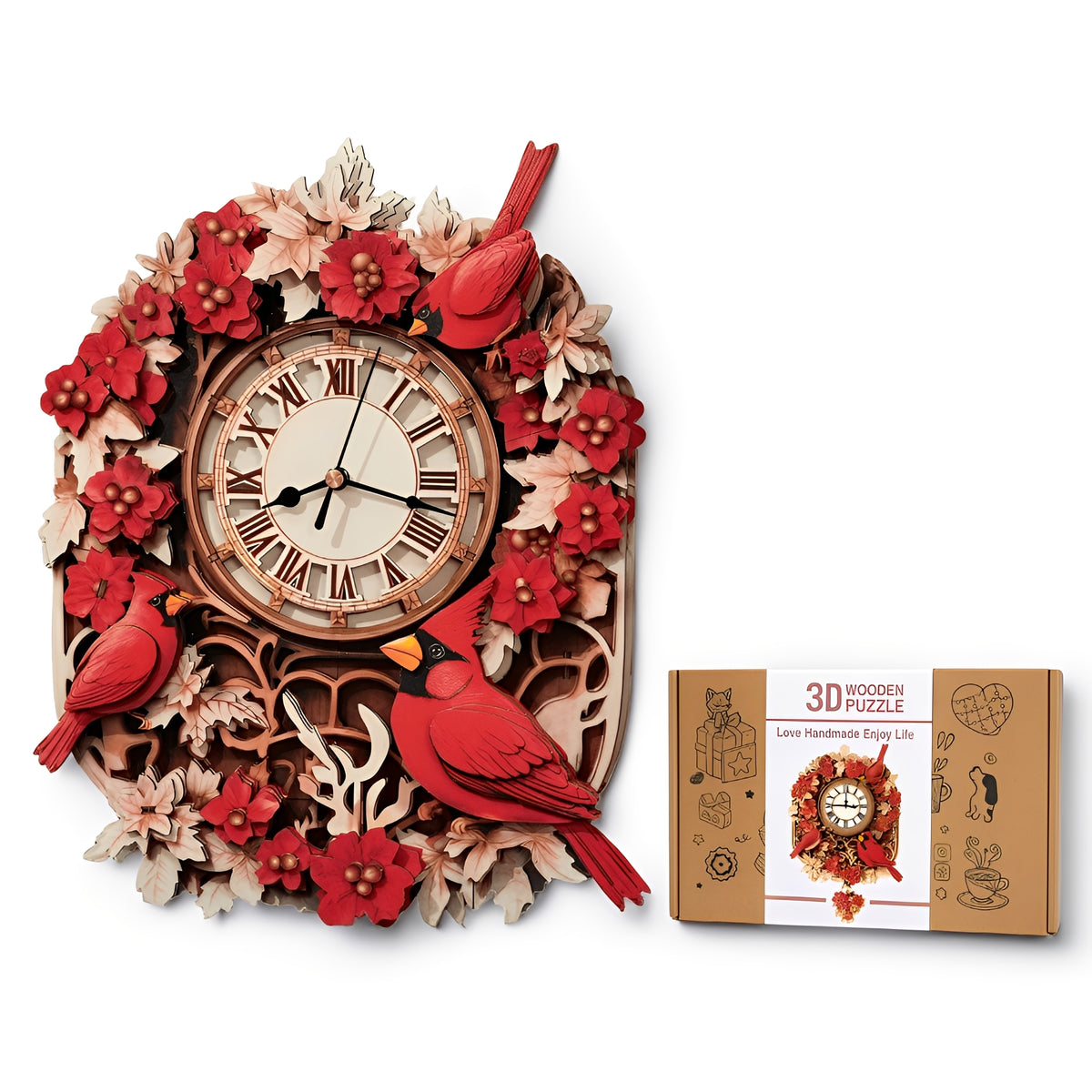 Cardinal Bird 3D Wooden Puzzle Clock, Gift  for DIY Lovers, Home Decor