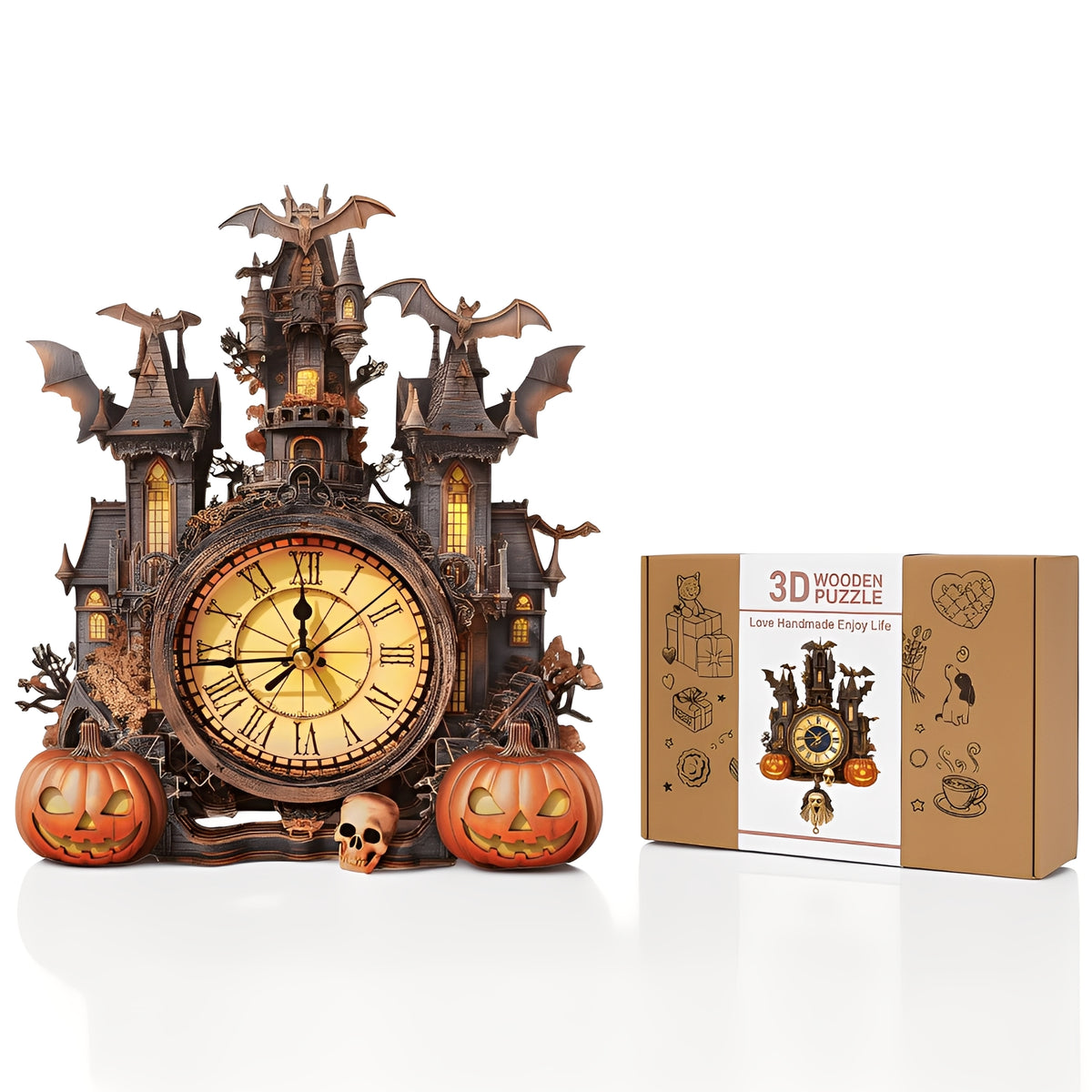 Spooky Castle 3D Wooden Puzzle Clock, Gift  for DIY Lovers, Home Decor