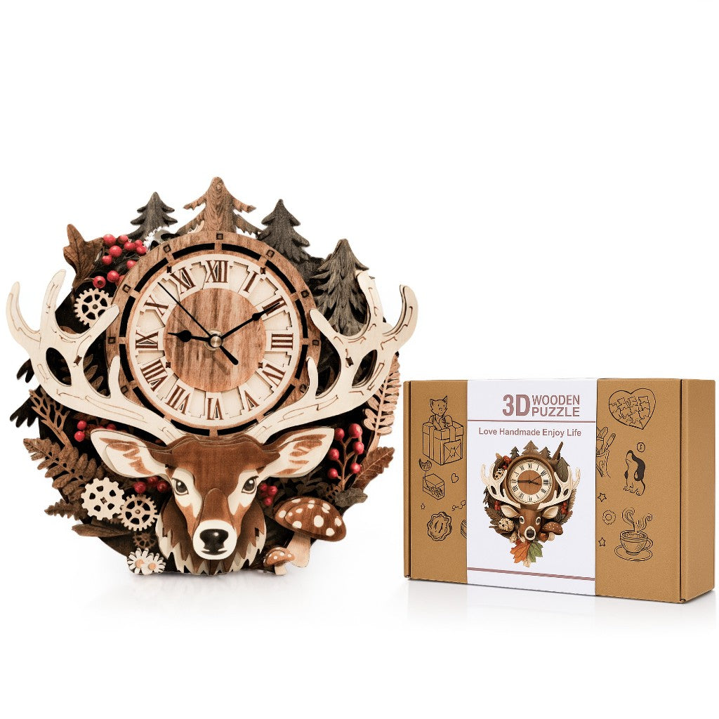 Reindeer 3D Wooden Puzzle Clock, Gift  for DIY Lovers, Home Decor