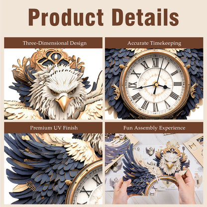 Majestic Eagle 3D Wooden Puzzle Clock, Gift  for DIY Lovers, Home Decor