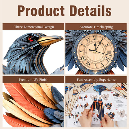 Raven DIY 3D Wooden Puzzle Clock, Gift  for DIY Lovers, Home Decor