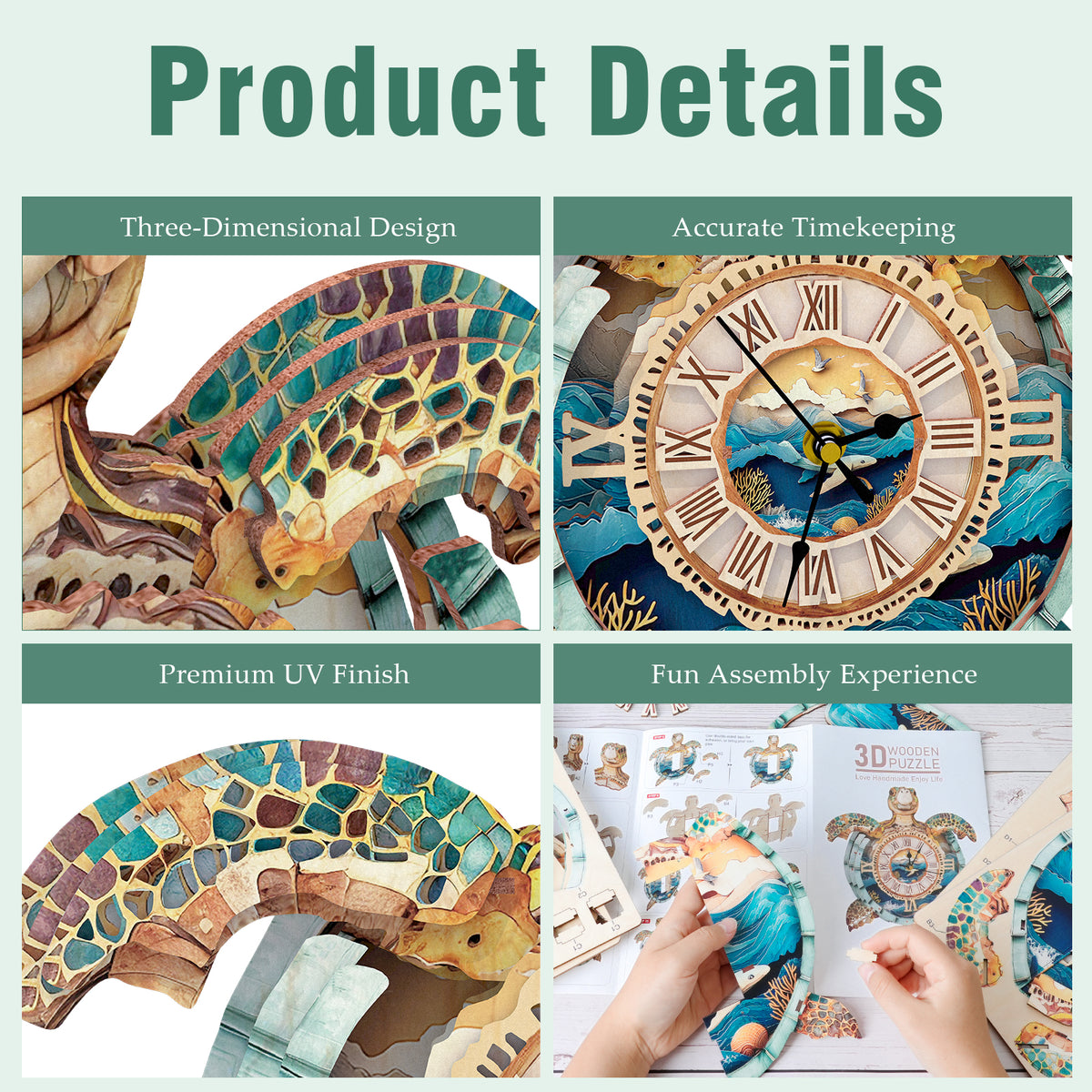 Sea Turtle 3D Wooden Puzzle Clock, Gift  for DIY Lovers, Home Decor