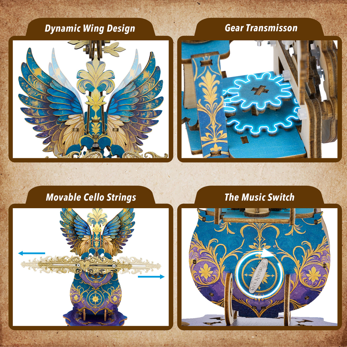 Blue Feather Cello Mechanical DlY Kit, 3D Wooden Music Box