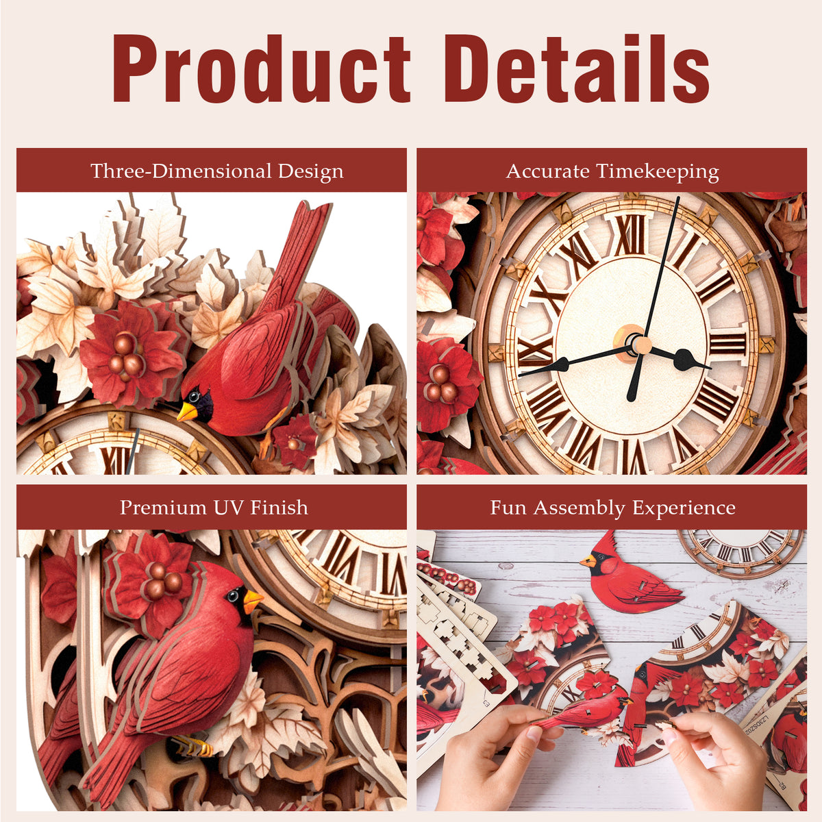 Cardinal Bird 3D Wooden Puzzle Clock, Gift  for DIY Lovers, Home Decor