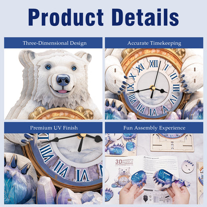Polar Bear 3D Wooden Puzzle Clock, Gift  for DIY Lovers, Home Decor