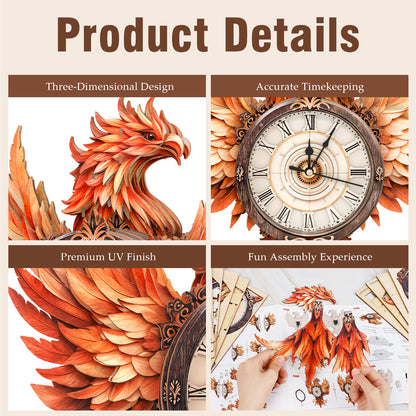 Fire Phoenix 3D Wooden Puzzle Clock, Gift  for DIY Lovers, Home Decor