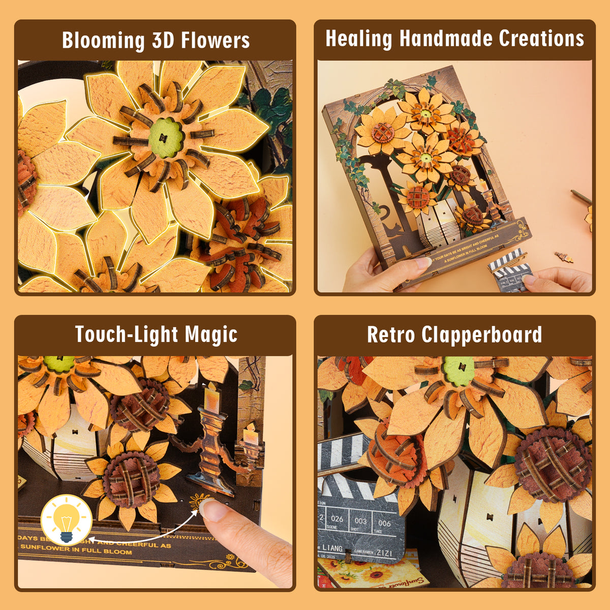 Sunflower 3D Wooden Puzzle Painting, DIY Wall Art Craft Kit with Light