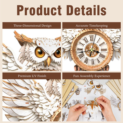Snowy Owl 3D Wooden Puzzle Clock, Gift  for DIY Lovers, Home Decor