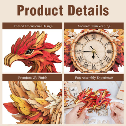 Elegant Phoenix 3D Wooden Puzzle Clock, Gift  for DIY Lovers, Home Decor