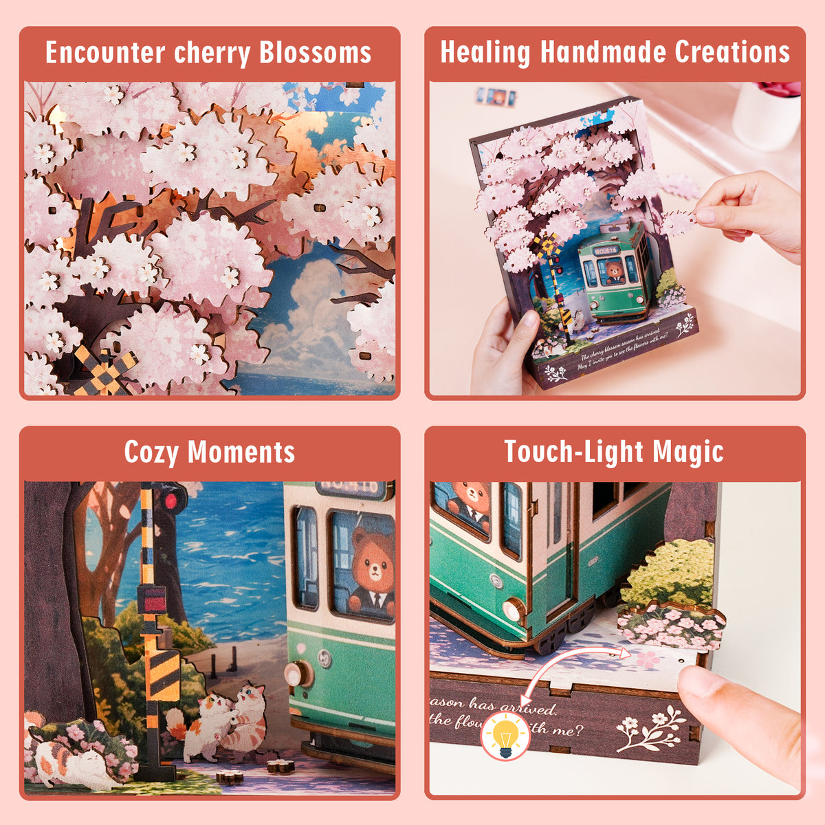 Sakura Journey 3D Wooden Puzzle Painting, DIY Wall Art Craft Kit with Light