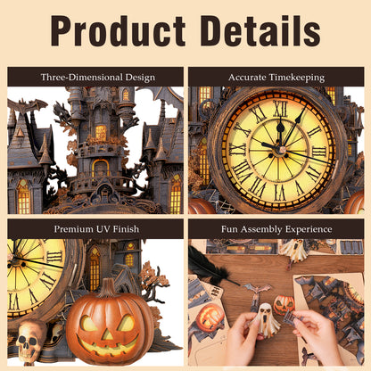 Spooky Castle 3D Wooden Puzzle Clock, Gift  for DIY Lovers, Home Decor