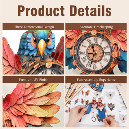 Colorful Parrot 3D Wooden Puzzle Clock, Gift  for DIY Lovers, Home Decor