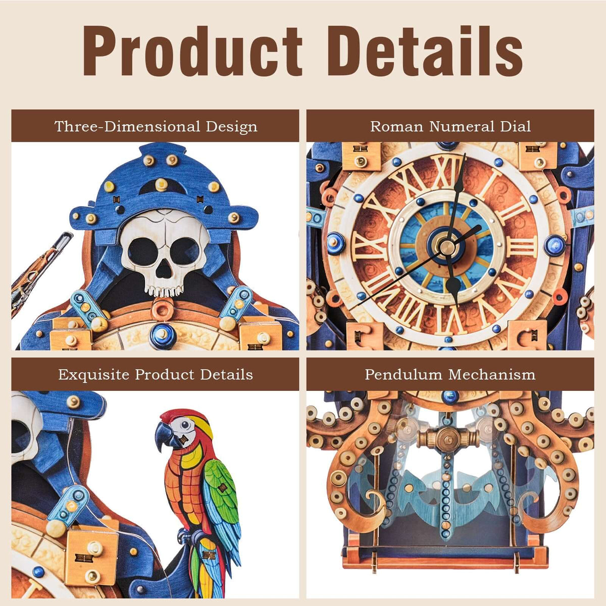 Skull Captain's Phantom Voyage 3D Wooden Puzzle Clock, Gift  for DIY Lovers, Home Decor