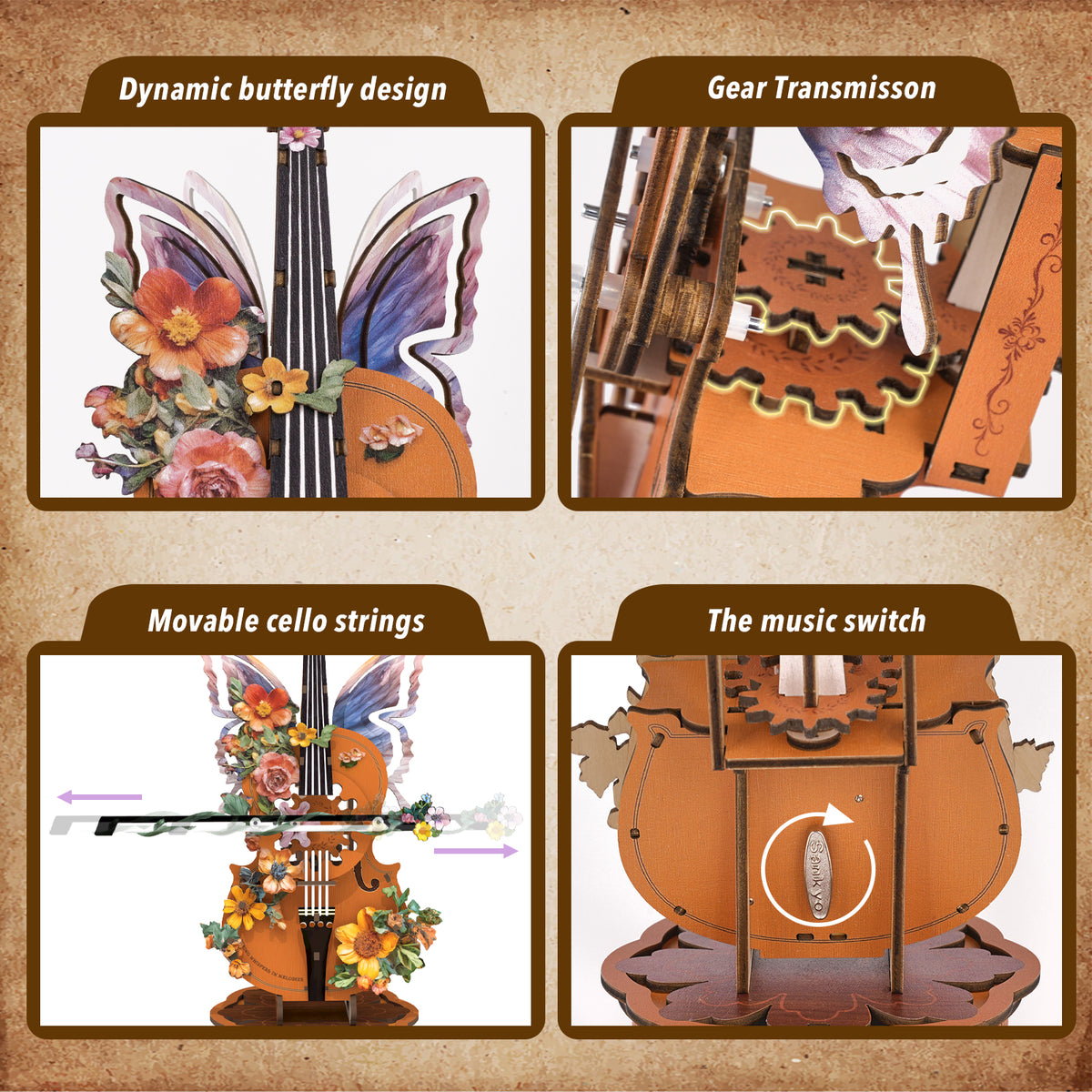 Floral Cello Mechanical DIY Kit, 3D Wooden Music Box