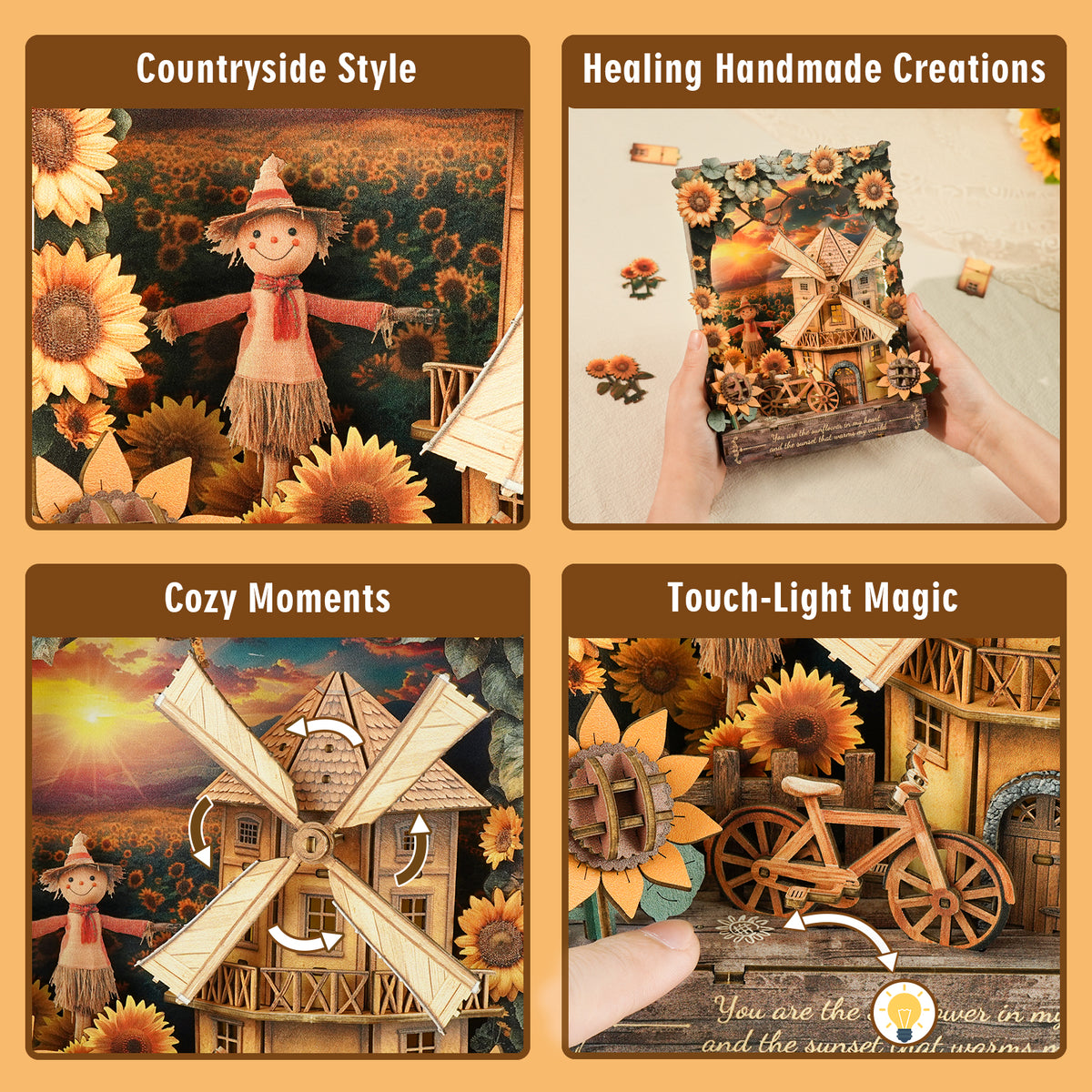 Sunset Sunflower 3D Wooden Puzzle Painting, DIY Wall Art Craft Kit with Light