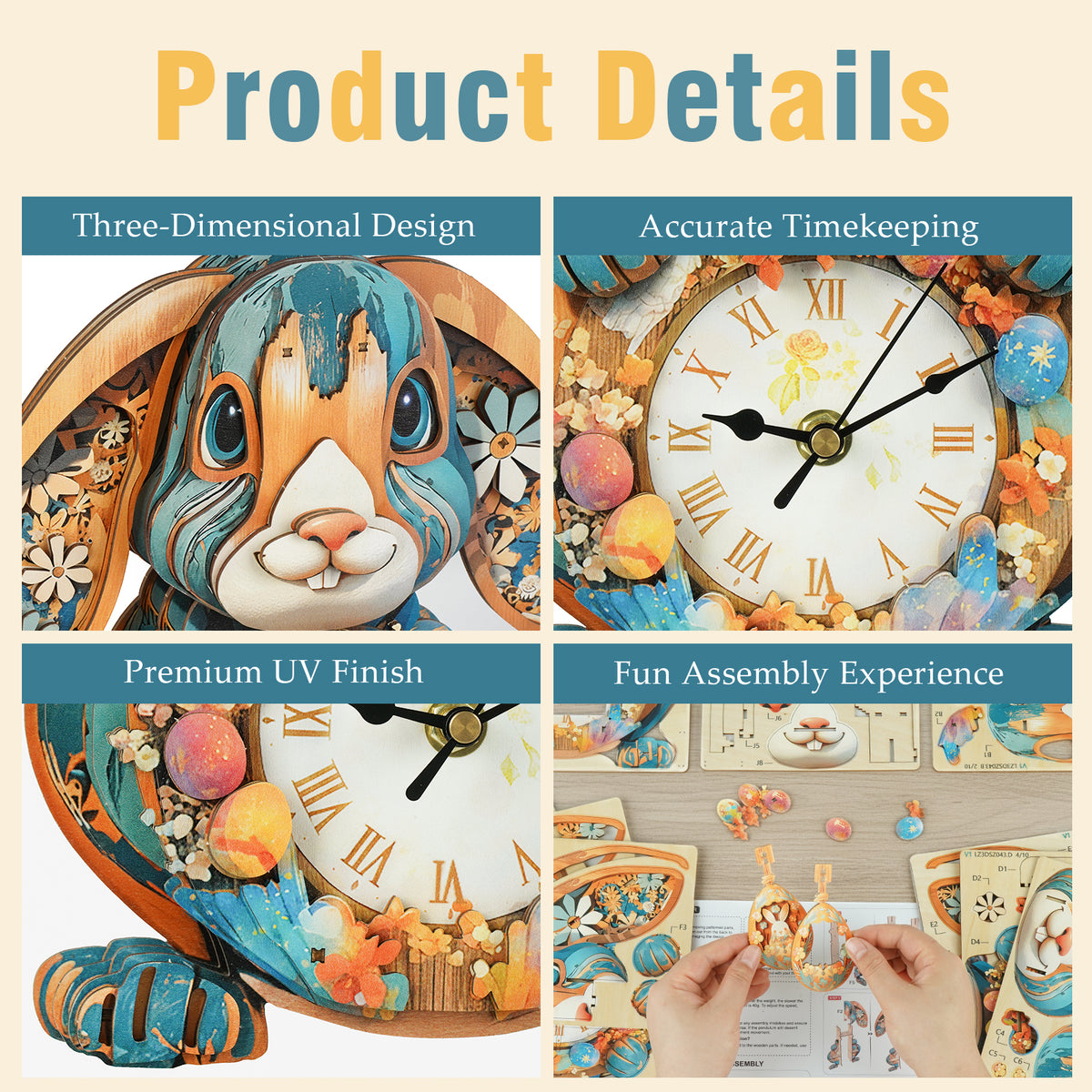 Easter Bunny 3D Wooden Puzzle Clock, Gift  for DIY Lovers, Home Decor