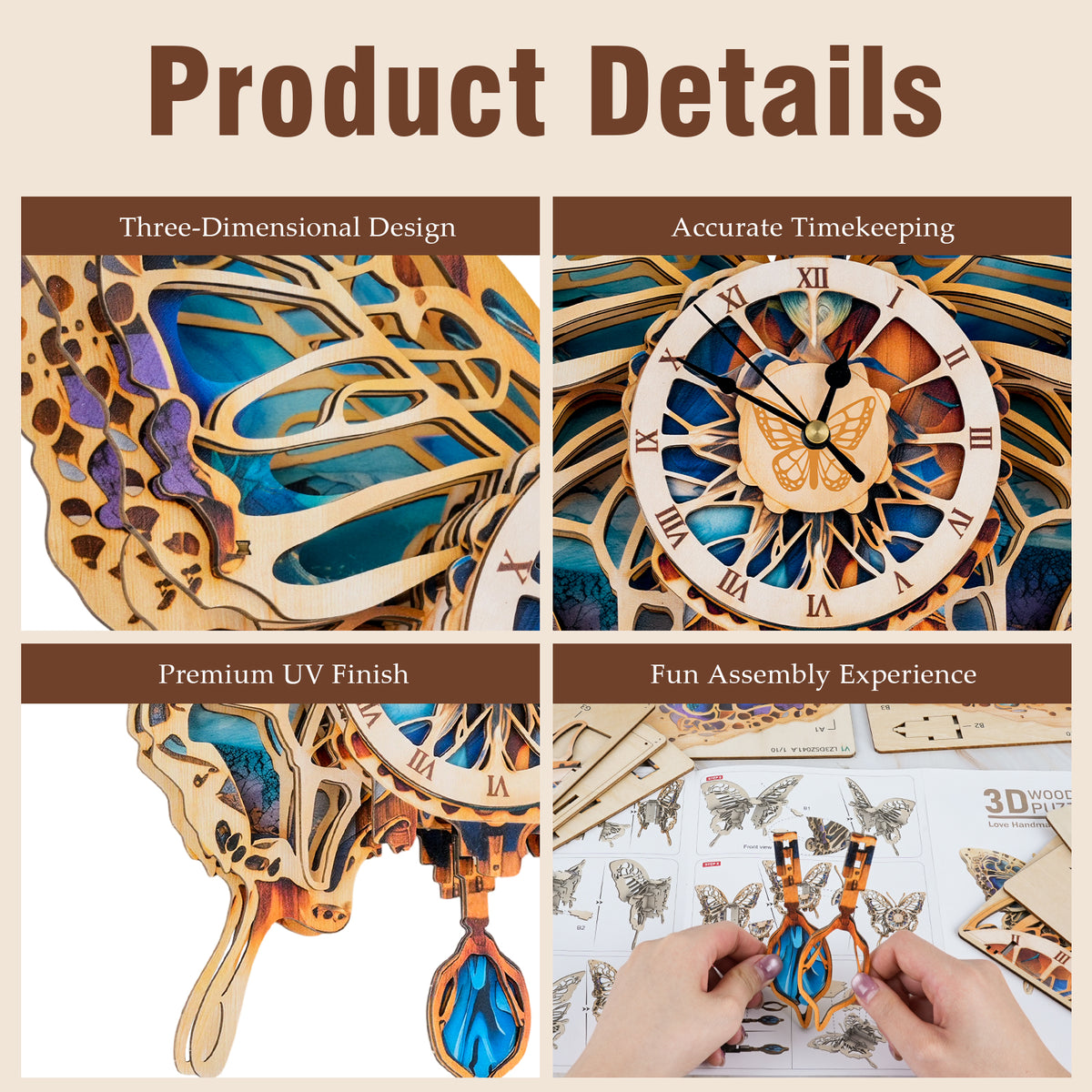 Butterfly 3D Wooden Puzzle Clock, Gift  for DIY Lovers, Home Decor