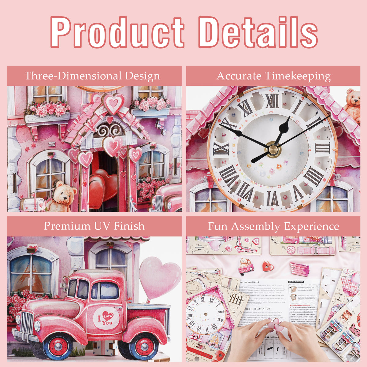 Sweet House 3D Wooden Puzzle Clock, Gift  for Valentine's Day, Home Decor