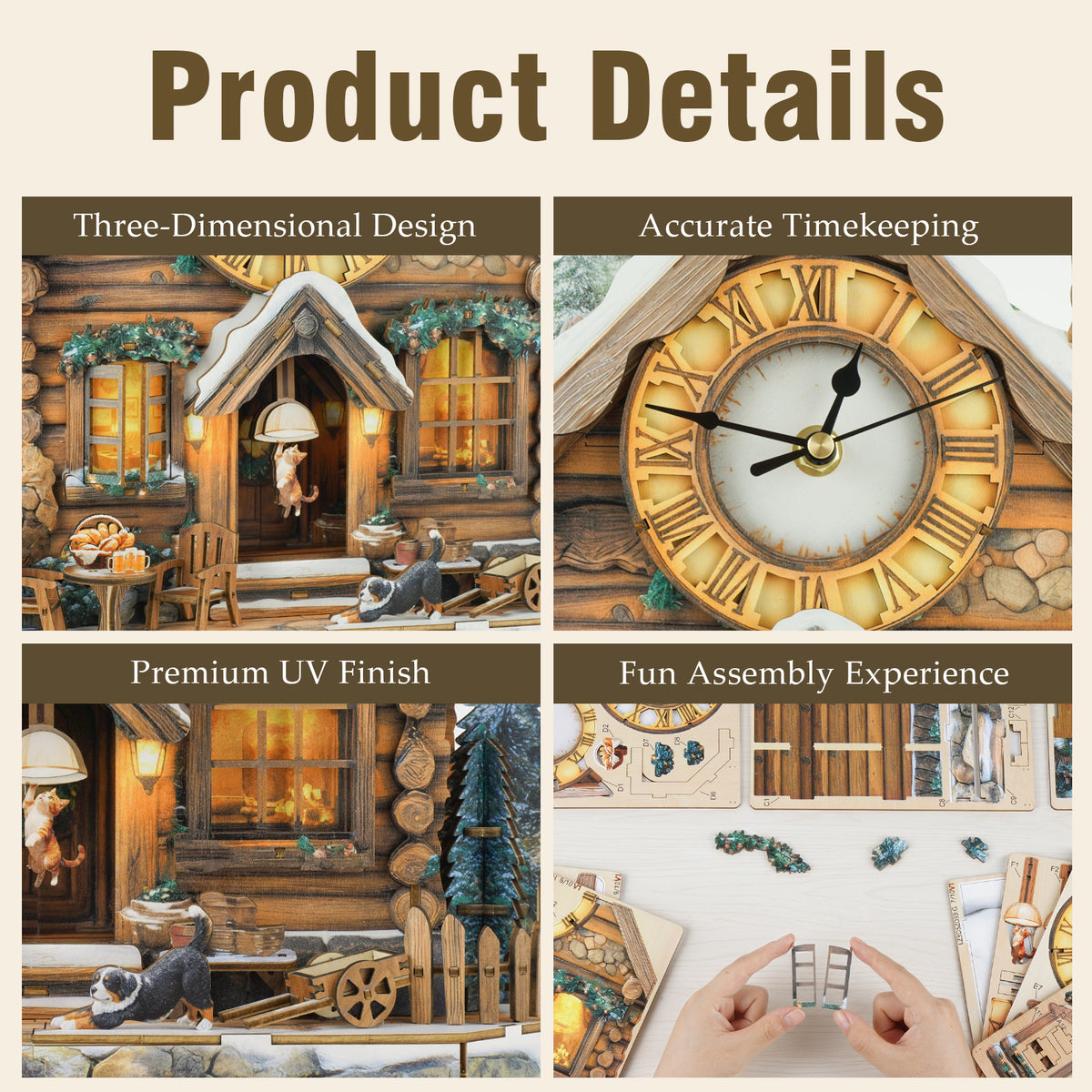 Forest Cabin 3D Wooden Puzzle Clock, Gift  for DIY Lovers, Home Decor