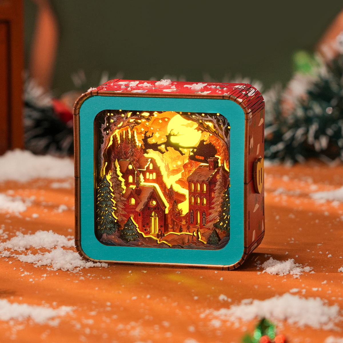 Wonderful Christmas Eve - 3D Wooden Puzzle Night Light showcasing a cozy snow village and glowing Christmas scene.