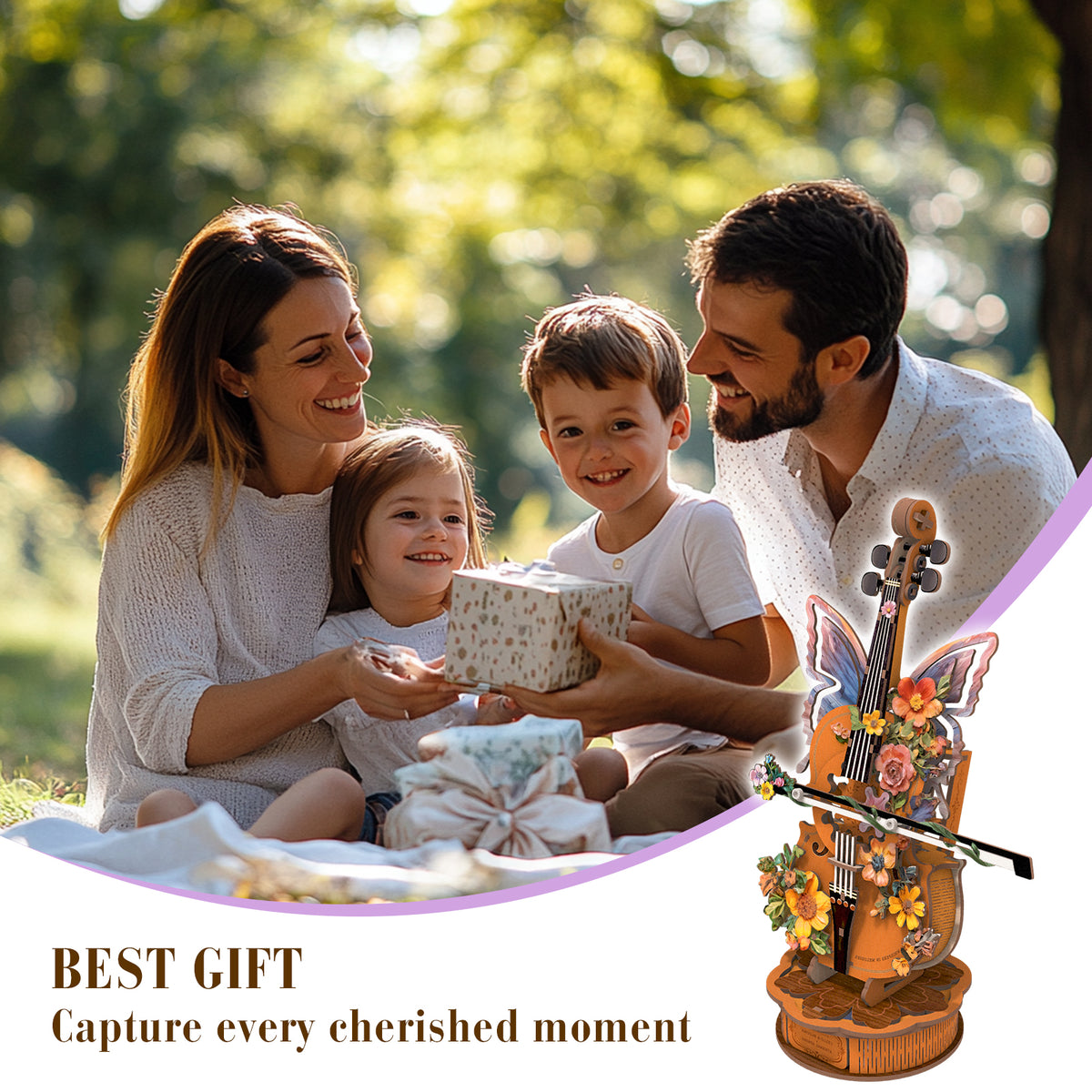 Floral Cello Mechanical DIY Kit, 3D Wooden Music Box
