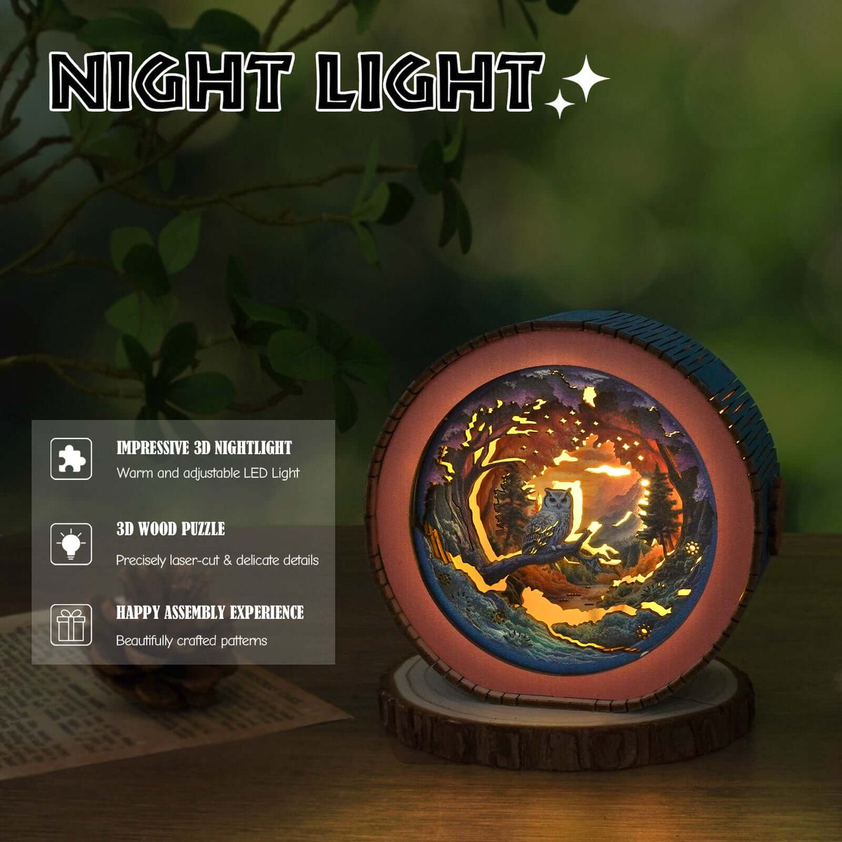Forest Fantasy Owl - 3D Wooden Puzzle Night Light