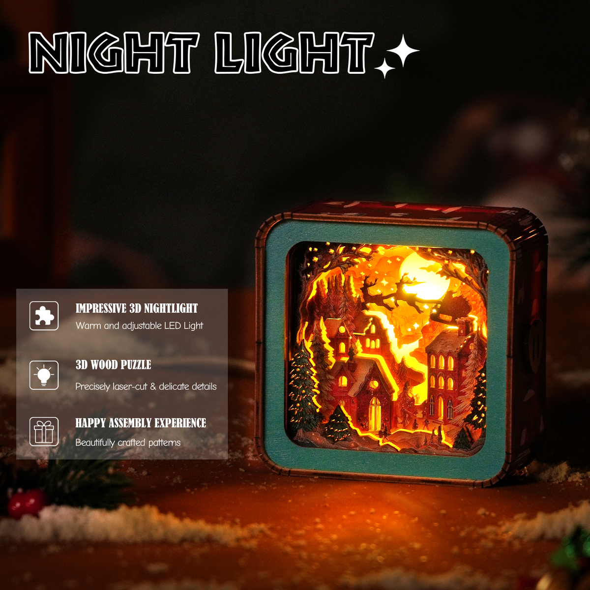 Wonderful Christmas Eve - 3D Wooden Puzzle Night Light with warm LED and cozy snow village design.