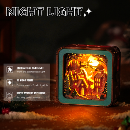 Wonderful Christmas Eve - 3D Wooden Puzzle Night Light with warm LED and cozy snow village design.